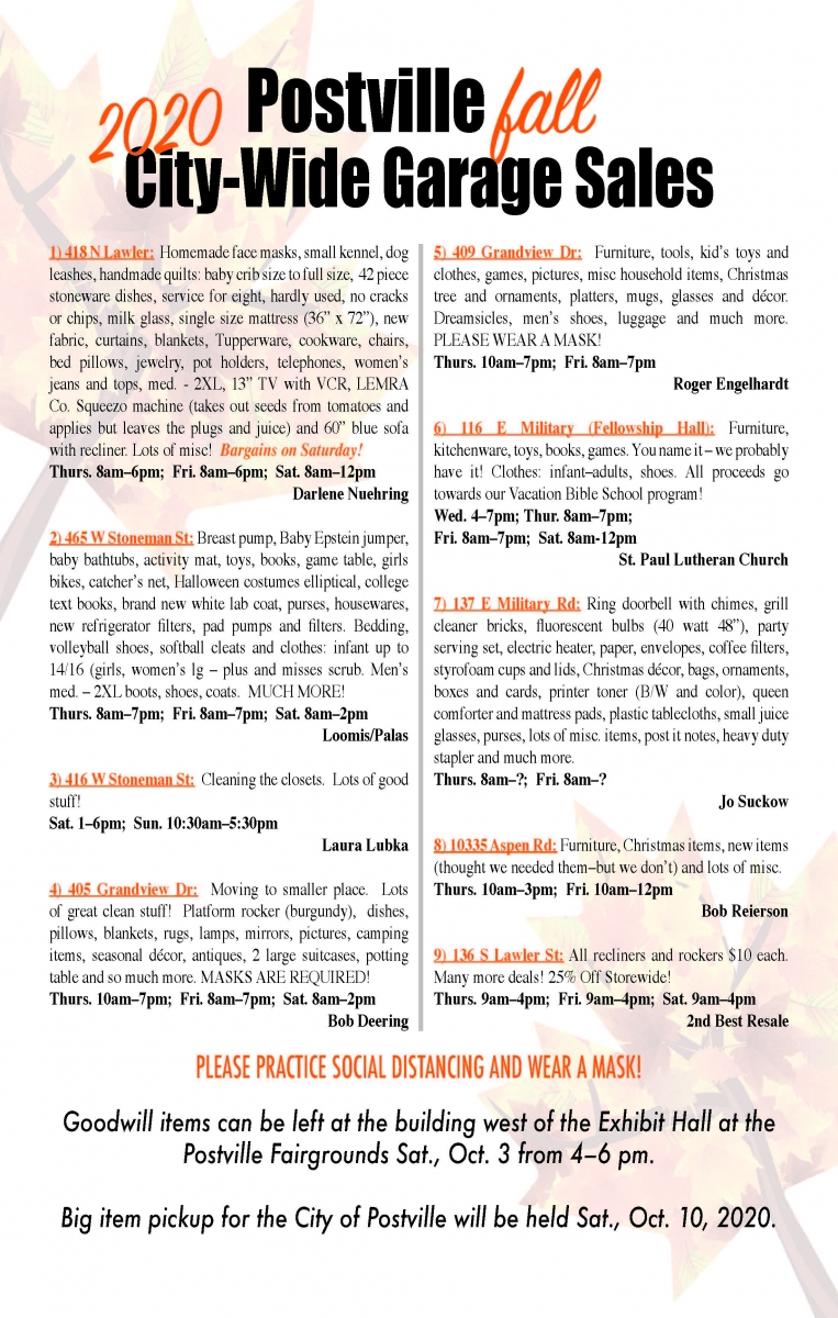 2020 Fall Garage Sales The Postville Herald